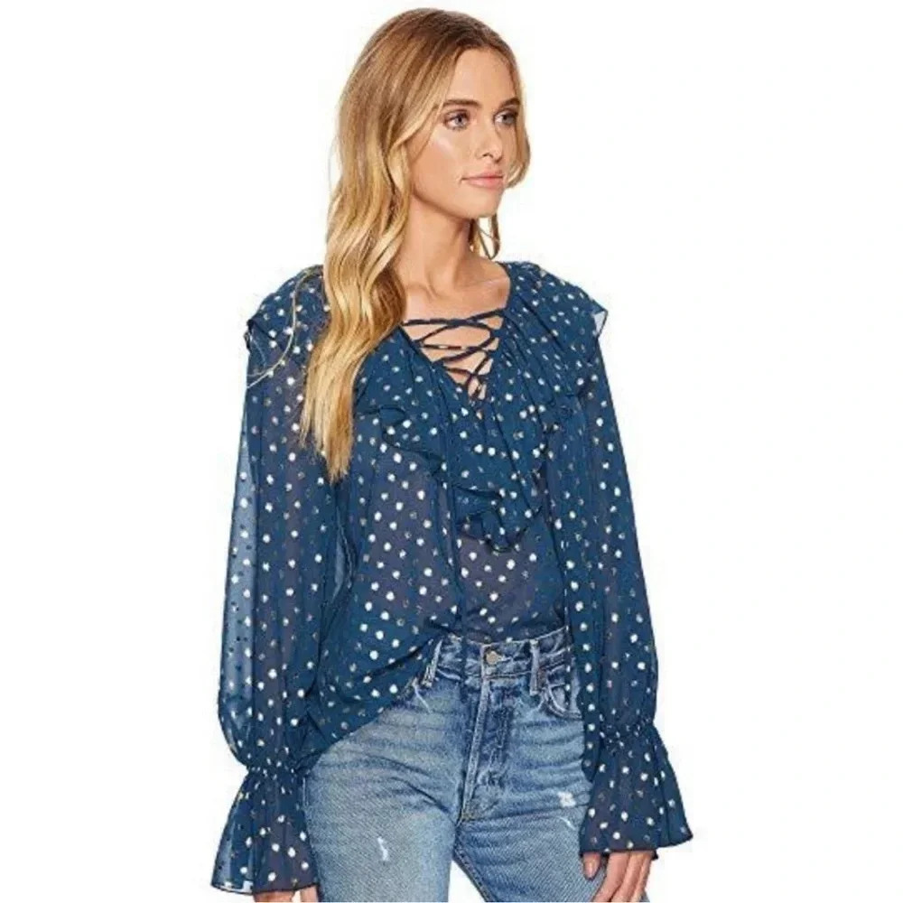 Show me your MUMU Elton Top in Gold Dots lace up bell sleeves whimsygoth